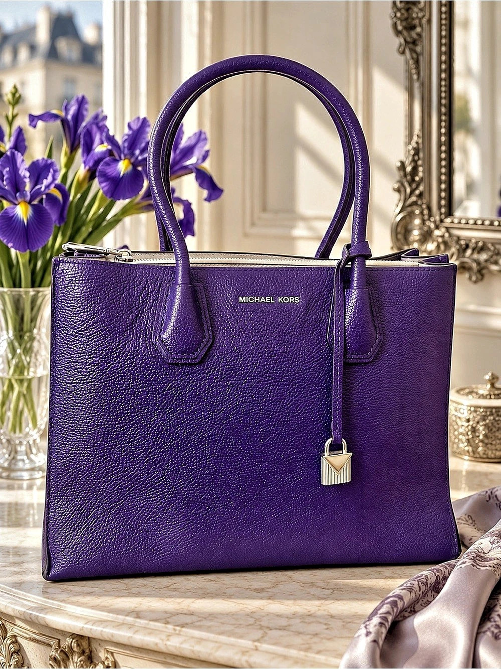 Michael Kors Mercer Medium Pebbled Leather Tote Bag in Plum with Silver Hardware